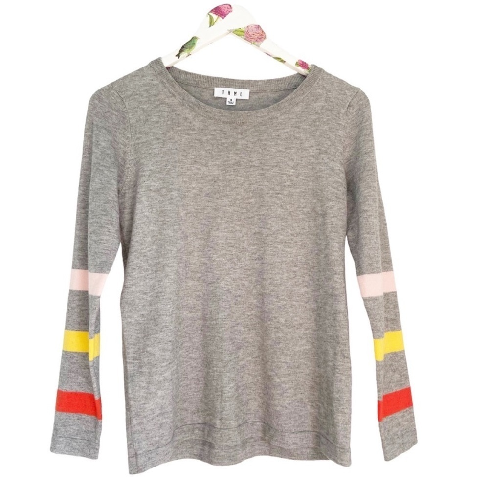 THML Women's Sweater Striped Gray Pink Yellow Red Scoop neck Long sleeve…
